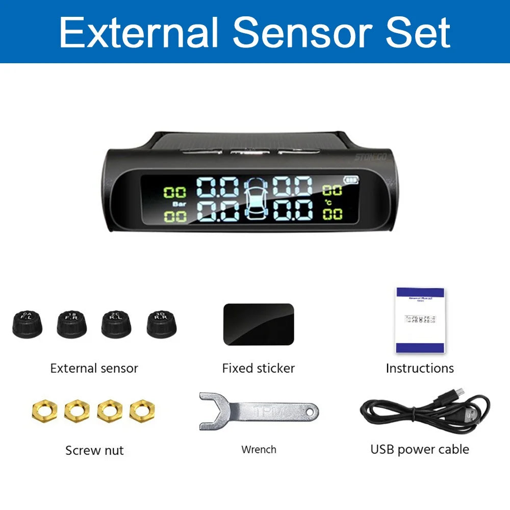 Solar Car TPMS, LCD Display Tire Pressure Monitor with USB Charging, External/Internal Sensor, Auto Alarm, Digital TPMS for Car