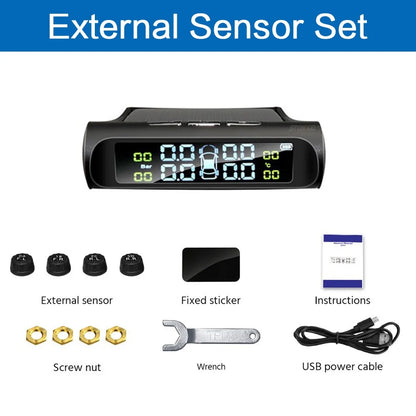 Solar Car TPMS, LCD Display Tire Pressure Monitor with USB Charging, External/Internal Sensor, Auto Alarm, Digital TPMS for Car