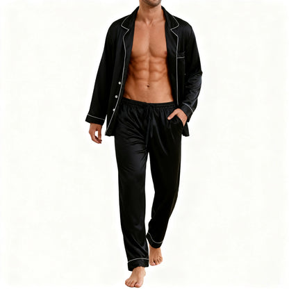 Men's Luxury Faux y Pajama Set with Black and White Contrast Trim, Long Sleeve and Pants, Comfortable Loose-Fit Loungewear