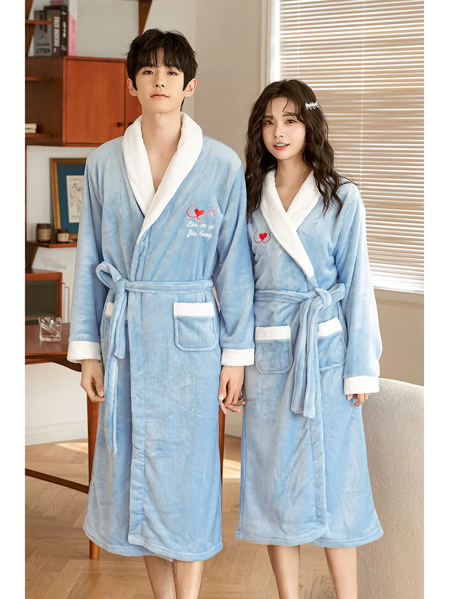 Thickened Coral Fleece Robe Long Home Wear for Men And Women Winter Warm Sleepwear Couple Matching Pajamas Velvet Fabric