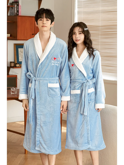 Thickened Coral Fleece Robe Long Home Wear for Men And Women Winter Warm Sleepwear Couple Matching Pajamas Velvet Fabric