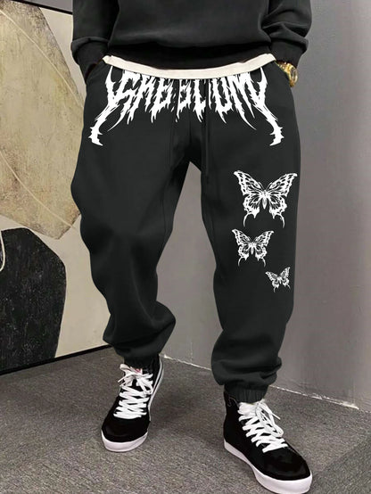 Men's Aesthetic Dark Gothic Butterfly Art Print Sweatpants Elastic Waist Joggers Cozy Goth Daily Street Fashion Bottoms
