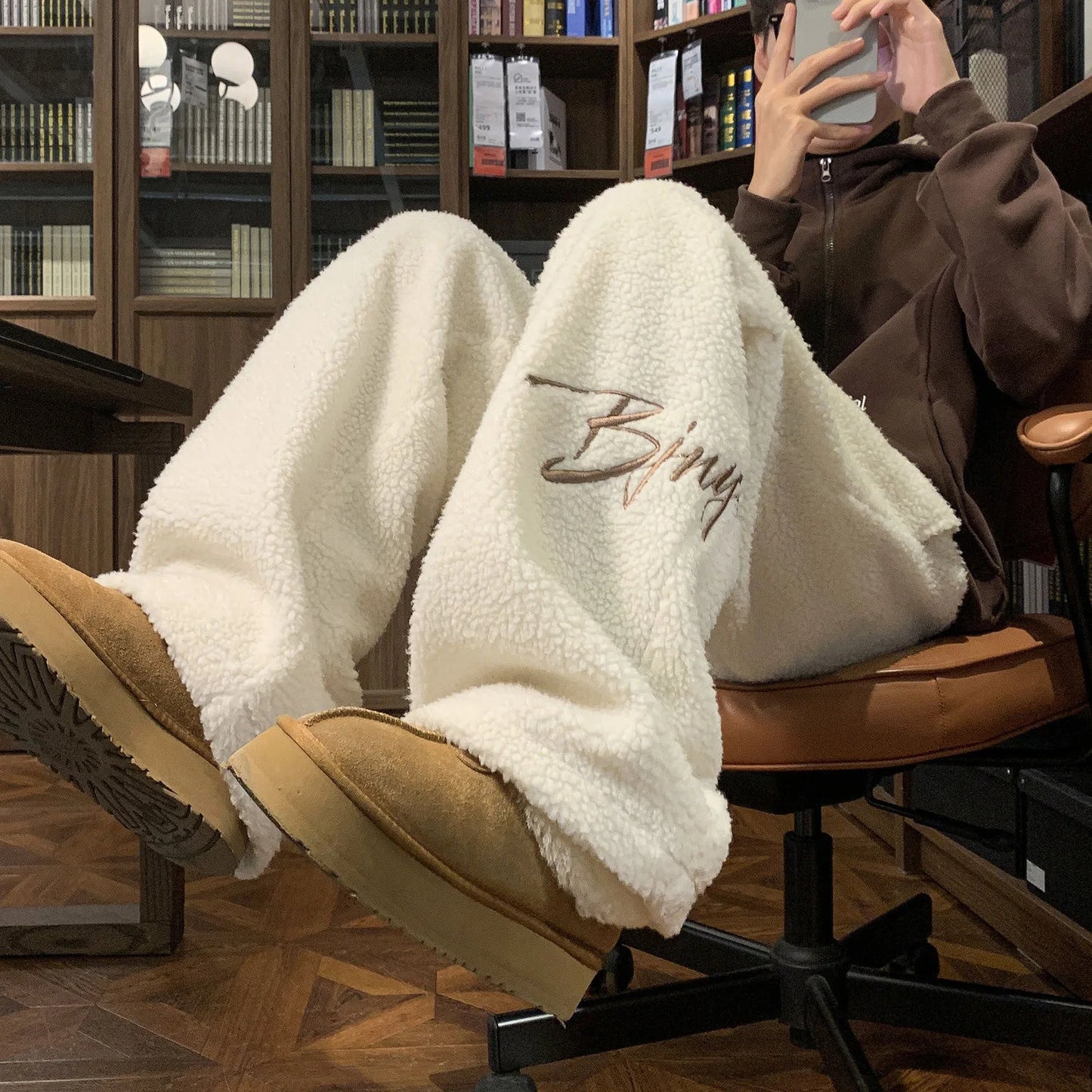 Lamb Velvet Thickened Fleece Lined Wide Leg Sporty Casual Pants for Men And Women Autumn Winter Street Style Cotton Trousers
