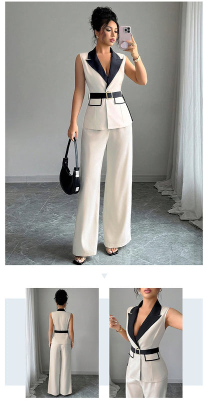 Women's Office Lady Ensemble Outfit Autumn Sleeveless Straight Leg Pants Set Classy Bandeau Elegant Style Top And Vest 2 Set