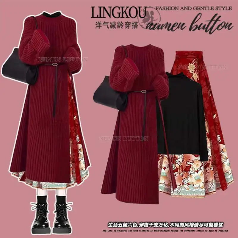plus Size Cisas Theme Long Knitted Sweater And Skirt Set for Women Red Slimming Outfit V-Ne Long Sve Faion Set