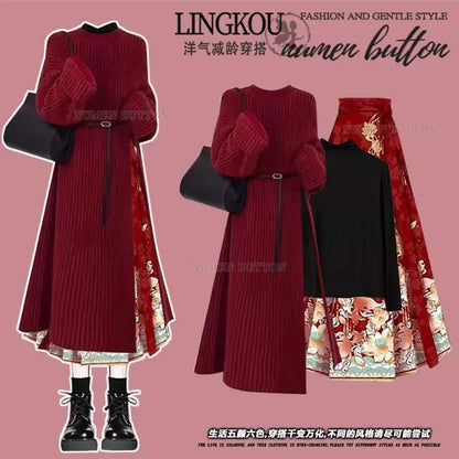 plus Size Cisas Theme Long Knitted Sweater And Skirt Set for Women Red Slimming Outfit V-Ne Long Sve Faion Set