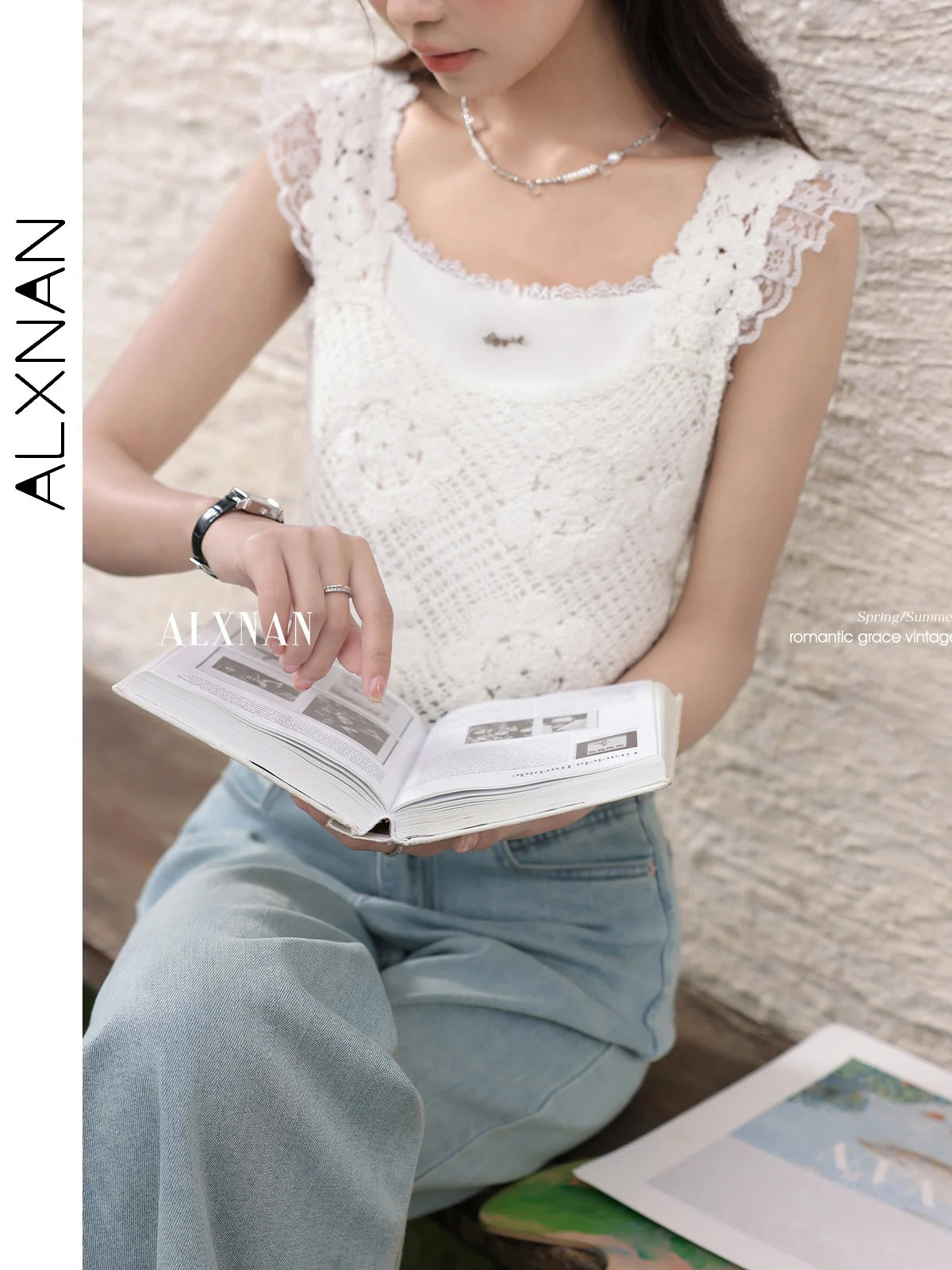 ALXNAN White Tank Tops 2026 Summer Elegant Cotton Women's Camisole Lace Fake Two-piece Design Chic Sleeveless Tops Ladies L53815