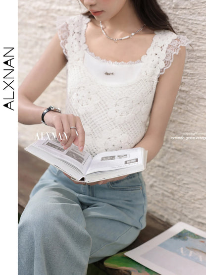 ALXNAN White Tank Tops 2026 Summer Elegant Cotton Women's Camisole Lace Fake Two-piece Design Chic Sleeveless Tops Ladies L53815