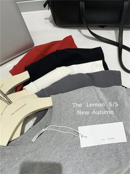 Lemon Women's Loose Short Sleeve T-Shirt Korean Style round Neck Base Shirt Inner Wear Simple Fashion Spring Autumn Top