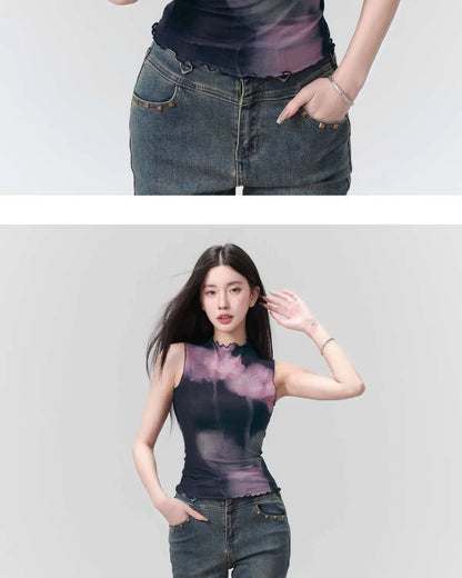 Yedinas Patchwork Tank Tops Summer 2024 Korean Fashion Mesh Tops Streetwear Sleeveless Tshirts Y2k Sheer Grunge Aesthetics