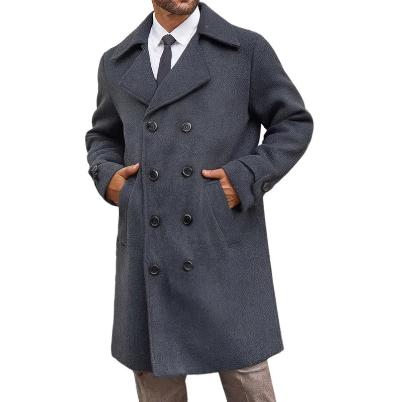 New Men's Double-breasted Woolen Coat Medium-length Windbreaker Suit Collar Regular Fit Sporty Style Chinese Manufacturer