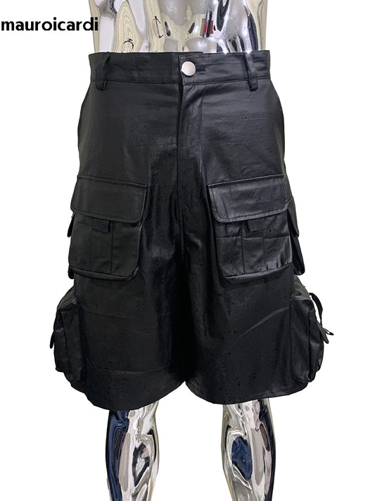 Lautaro Summer Autumn Waterproof Black Cargo Shorts for Men with Many Pockets Luxury Designer American Retro Clothes Fashion
