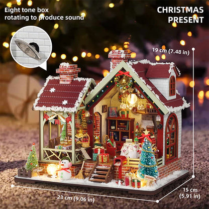 DIY Wooden Doll House Warm Christmas Lodge Casa Figurines Miniatures Assembled Dollhouse With Lights for Friends Christmas Gifts