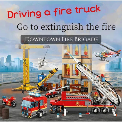 City Fire Station Helicopter Truck Garage Firehouse Building Blocks Set Bricks Compatible 60110 Model Festival Party Gift