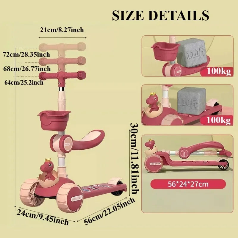 3-in-1 Kids Kick Scooter with Adjustable Height Handlebars & Removable Seat LED Lights Music for Boys Girls Outdoor Riding Toys