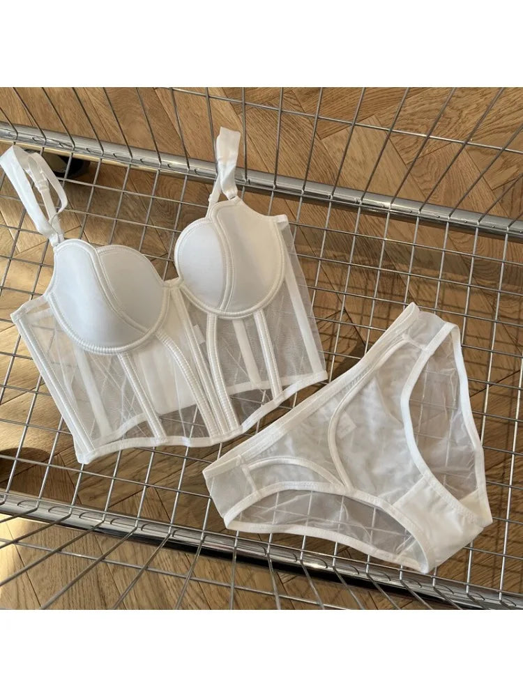 French Long Fishbone Mesh Patchwork Bra Set Slim Shaping Chest Lift Up Sexy Lingerie Outfit Soft Comfortable Underwear S-XL Suit