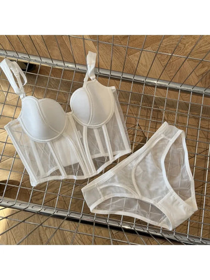 French Long Fishbone Mesh Patchwork Bra Set Slim Shaping Chest Lift Up Sexy Lingerie Outfit Soft Comfortable Underwear S-XL Suit