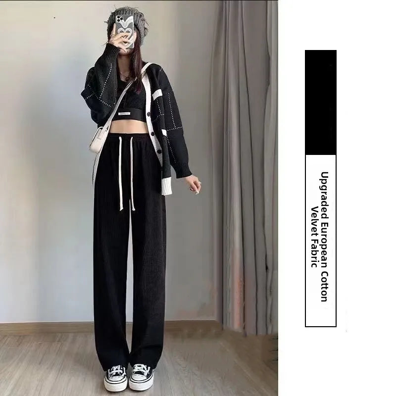 Women's High Waist Wide Leg Pants Autumn Winter Slimming Versatile Fleece Lined Drapey Loose Casual Sports Straight Leg Pants