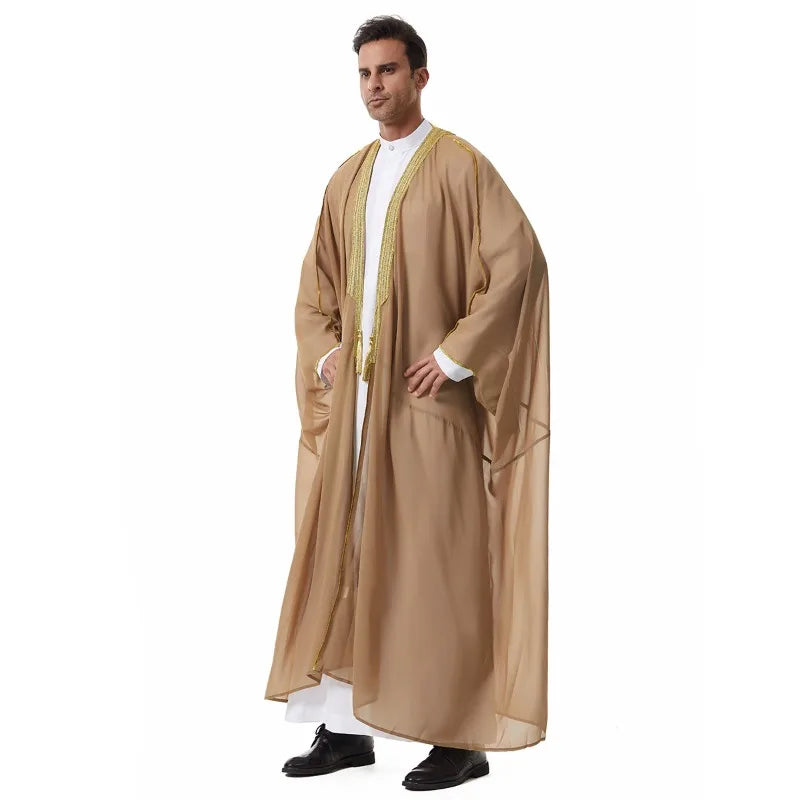 Middle Eastern Men's Long Robe Muslim Dress Kimono Islamic Clothing Prayer Ramadan Eid Al Fitr Hanging Tassel Outer Garment