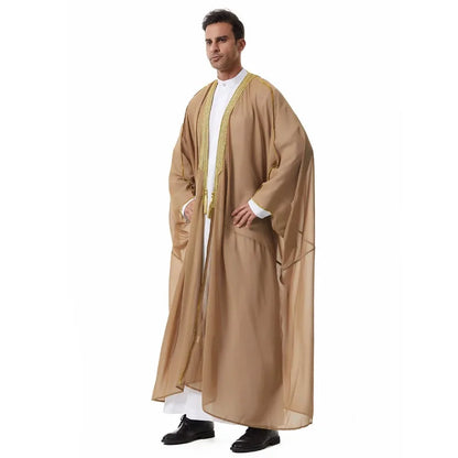 Middle Eastern Men's Long Robe Muslim Dress Kimono Islamic Clothing Prayer Ramadan Eid Al Fitr Hanging Tassel Outer Garment