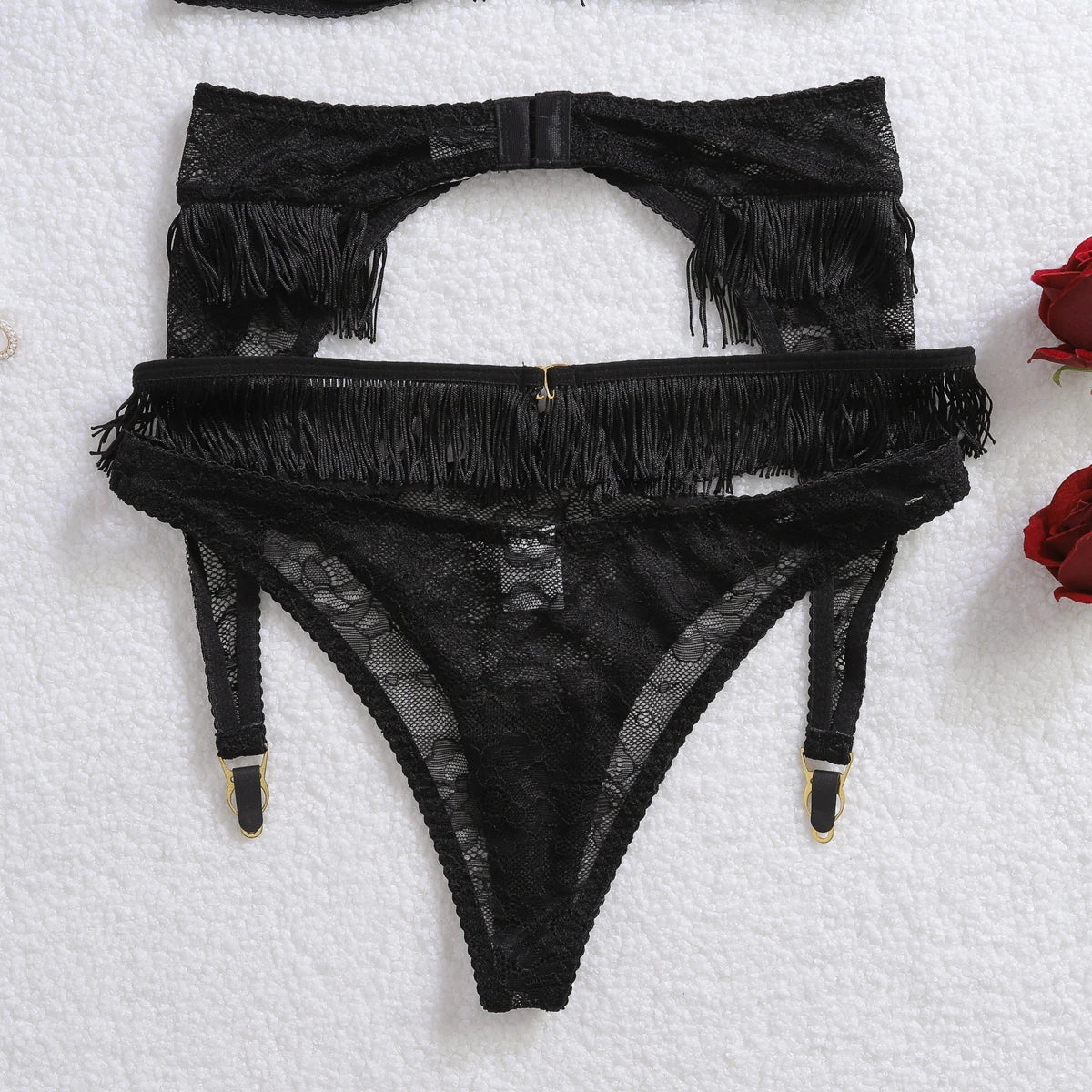 Light Chinese style tassel decoration, perspective splicing, lace shaping, backless, and airy sexy lingerie three piece set