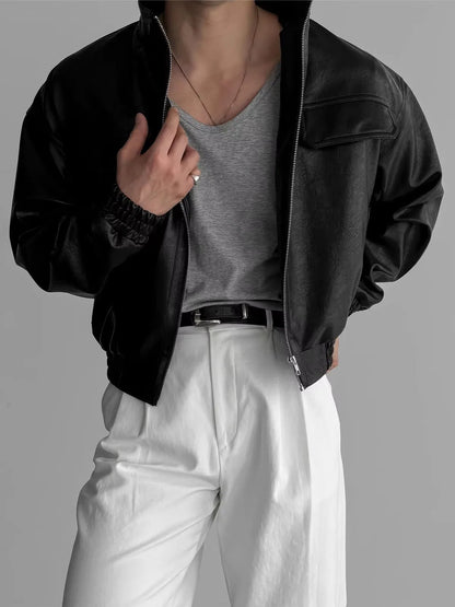 Mauroicardi Spring Autumn Cool Short Waterproof Thickened Warm Black Pu Leather Bomber Jacket Men Zip Up Luxury Designer Clothes