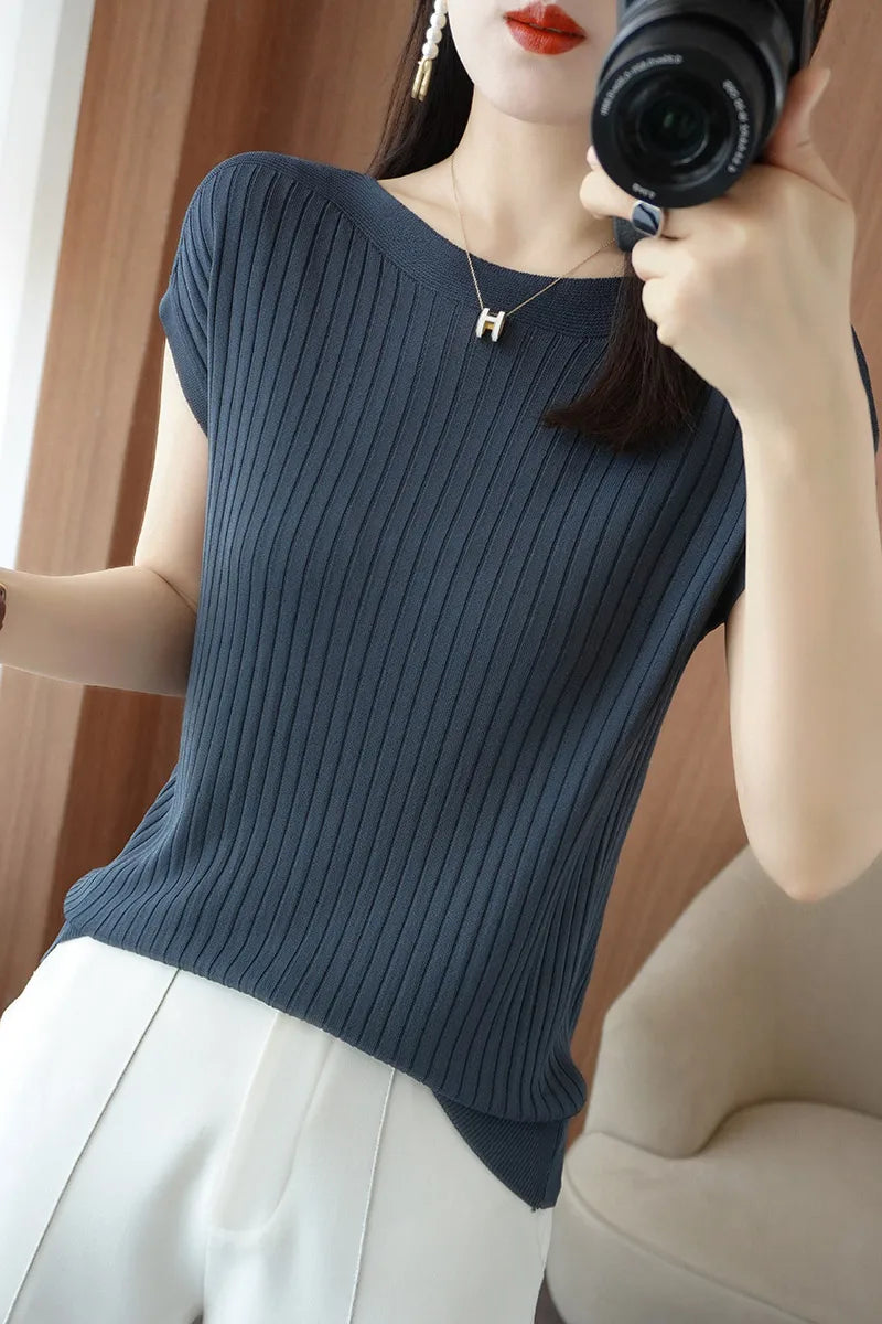 Ice Silk Knitted Top Women Loose Spring Summer New Style Thin Short Sleeve One Shoulder T-Shirt Breathable Comfortable Casual...