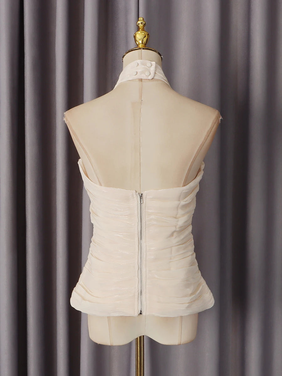 VGH High End Sexy Slimming Tank Top for Women Halter Deep Neck Sleeveless Spliced Folds Tunic Backless Chic Evening Vest Female