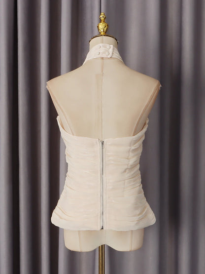 VGH High End Sexy Slimming Tank Top for Women Halter Deep Neck Sleeveless Spliced Folds Tunic Backless Chic Evening Vest Female
