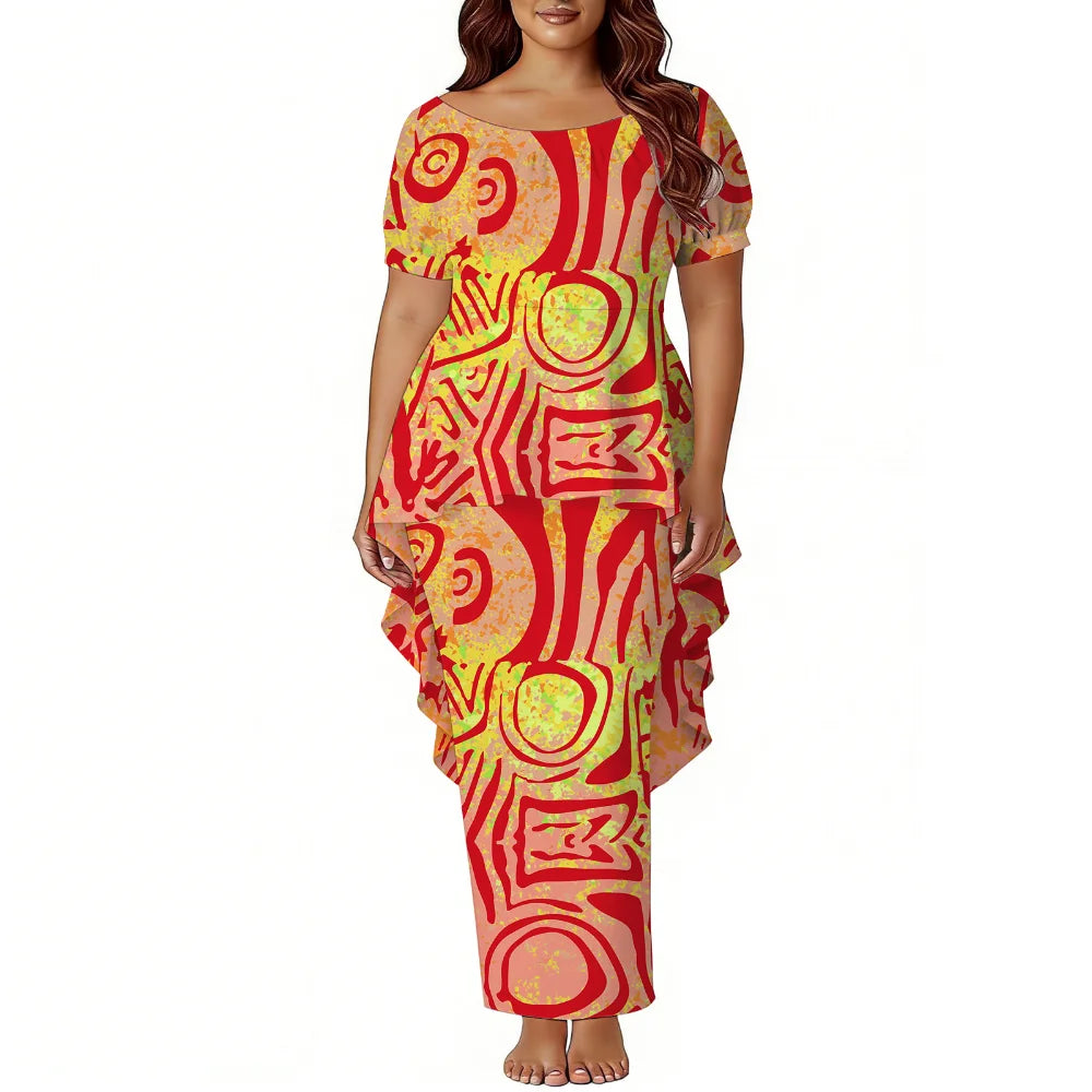 Polynesian Island-Style Women'S Short-Sleeved Puletasi Floral Print Dress Samoan Party Style Evening Dress