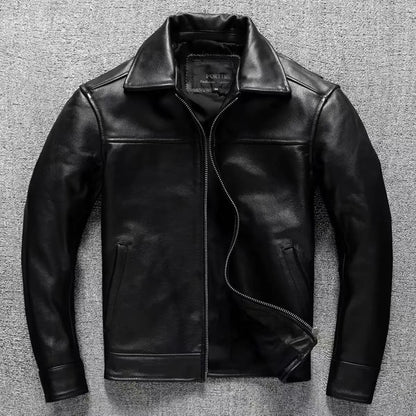 Men's Genuine Cowhide Leather Jacket Black Lapel Biker Coat Slim Fit Wind Proof Motorcycle Zip Up Casual Autumn Winter Outerwear