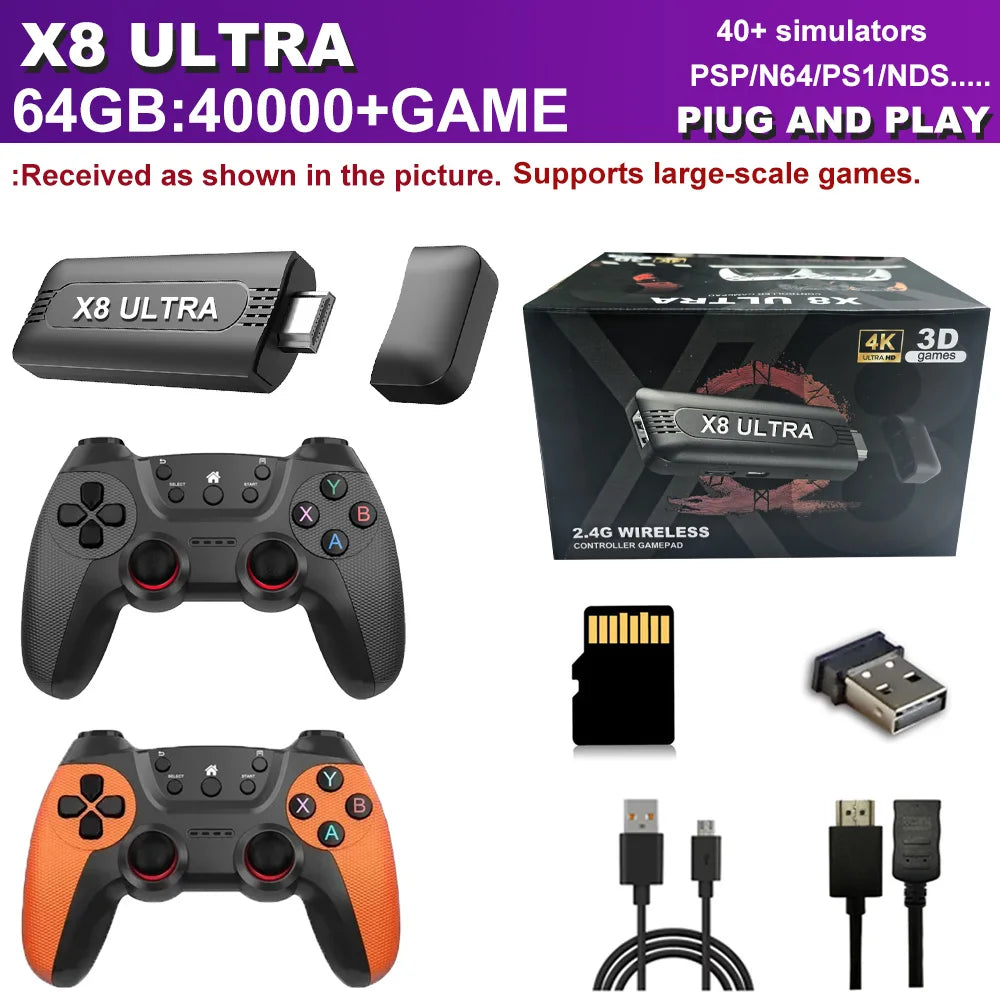 The X8 ULTRA retro video game console comes pre-installed with 50,000 games and plug-and-play PS1/N64/PSP emulators.