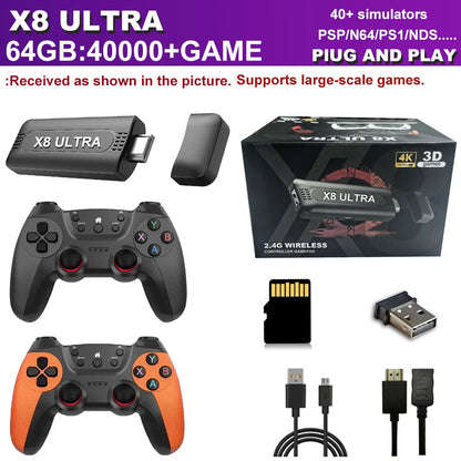 The X8 ULTRA retro video game console comes pre-installed with 50,000 games and plug-and-play PS1/N64/PSP emulators.