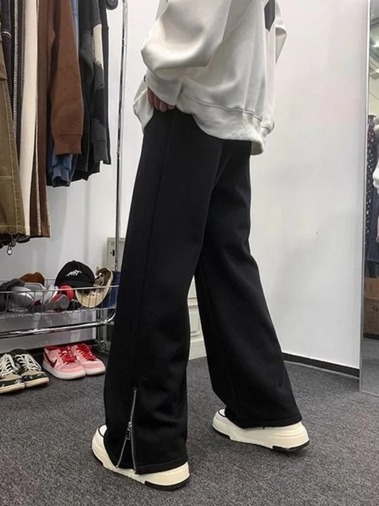 Men’s Thickened Fleece Joggers High Waist Slimming Zipper Pants Solid Color Casual Trousers for Autumn Winter Couple Unisex Wear