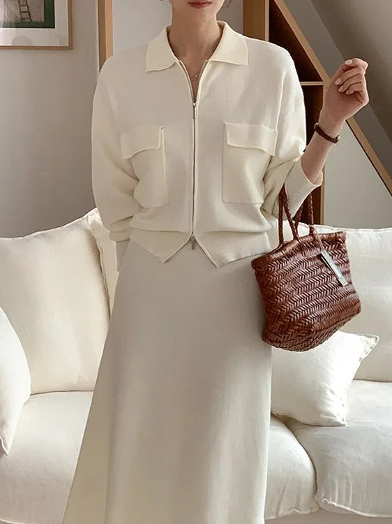 Korean Style Women's Fashion Short Knitted Top High Waist Skirt Sweater Two-Piece Set Chic Autumn Wear for Adults