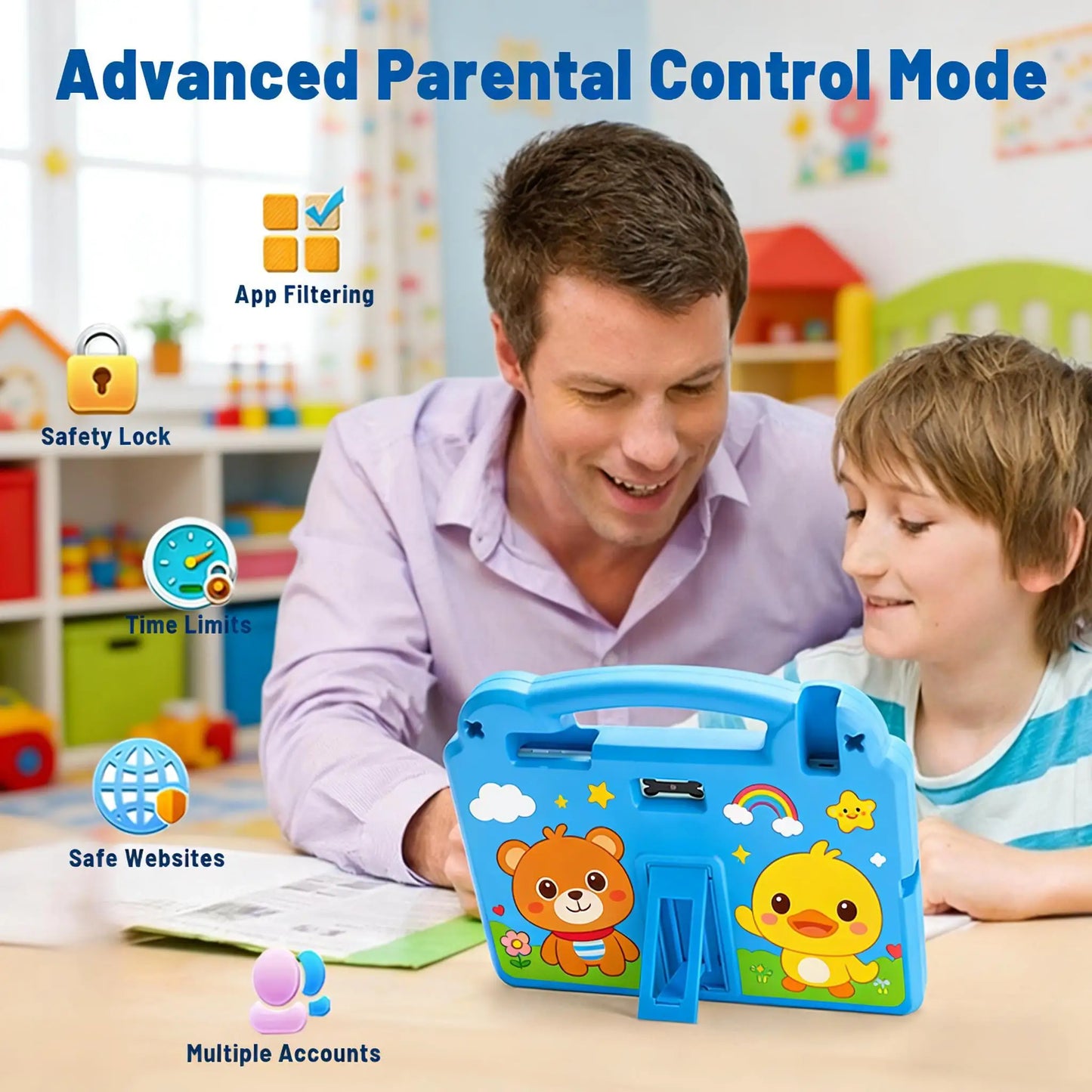 ANRY Children's Learning Tablet 10.1 Inch Android 15 8GB RAM 64GB ROM 5000mAh Battery Eye Care Shockproof Silicone Case for Kids