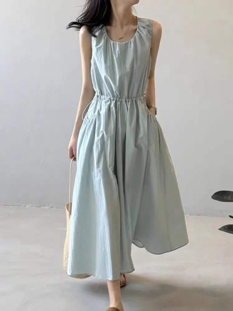 Casual Korean Style Drawstring Waist Vest Dress Loose Fit Summer New Arrival Women's Dress Comfortable Cotton A-Line Skirt