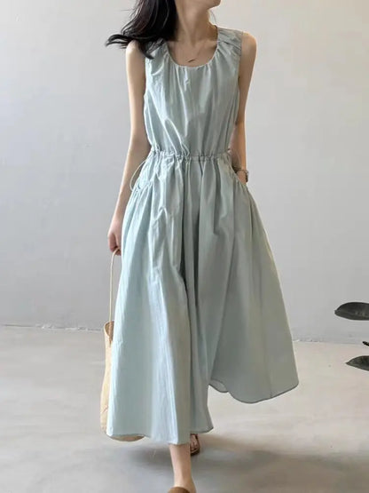 Casual Korean Style Drawstring Waist Vest Dress Loose Fit Summer New Arrival Women's Dress Comfortable Cotton A-Line Skirt