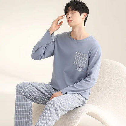 2024 Autumn Long Sleeve 100% Cotton Pajamas Sets for Men Korean Loose High Quality Sleepwear Pyjamas Male Homewear Home Clothes