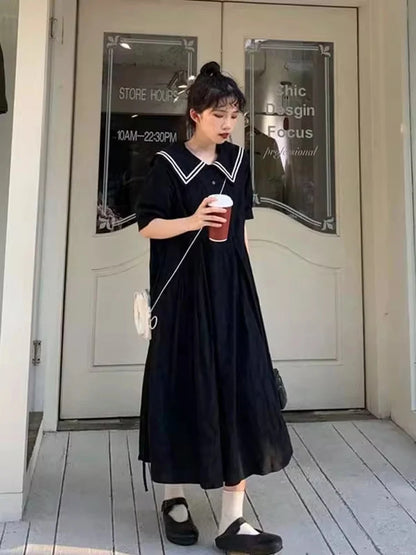 plus Size 300 Pounds Nautical Collar Dress Women's Loose over Knee Long Dress Conceal Meat Slimming College Style  Color