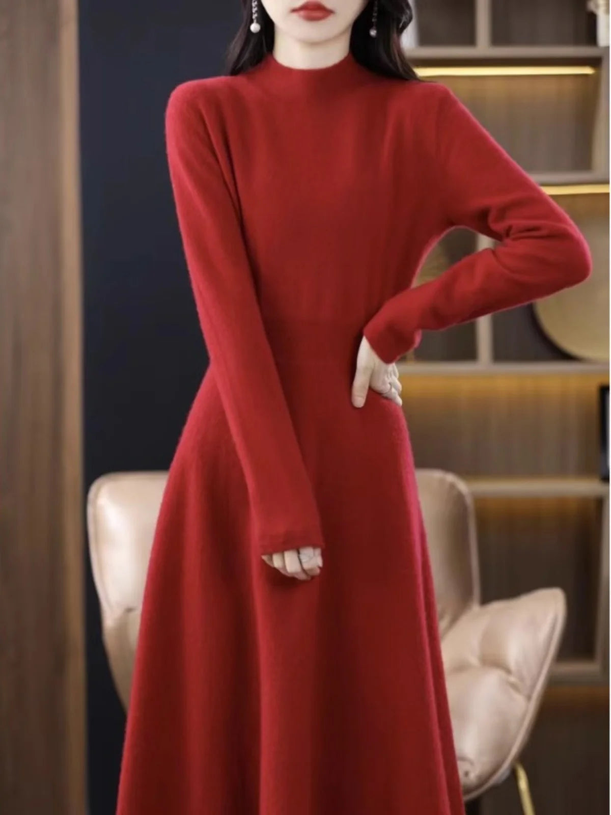 Women's Wool Knitted Mid-Length A-Line Dress Half High Collar Cashmere Base Dress Korean Style Commute Pure Color Winter Fashion