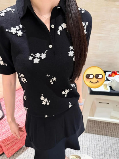 2026 New Arrival Women's Polo Shirt Chic Embroidered Floral Print Short Sleeve Casual Slim Fit Cotton Polo T-shirt
