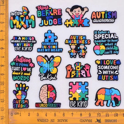 1-16Pcs Be Kind Autism Awareness Love Patience Understanding Pvc Garden Shoe Charms Buckle Kid Cartoon Accessories DIY Backpack