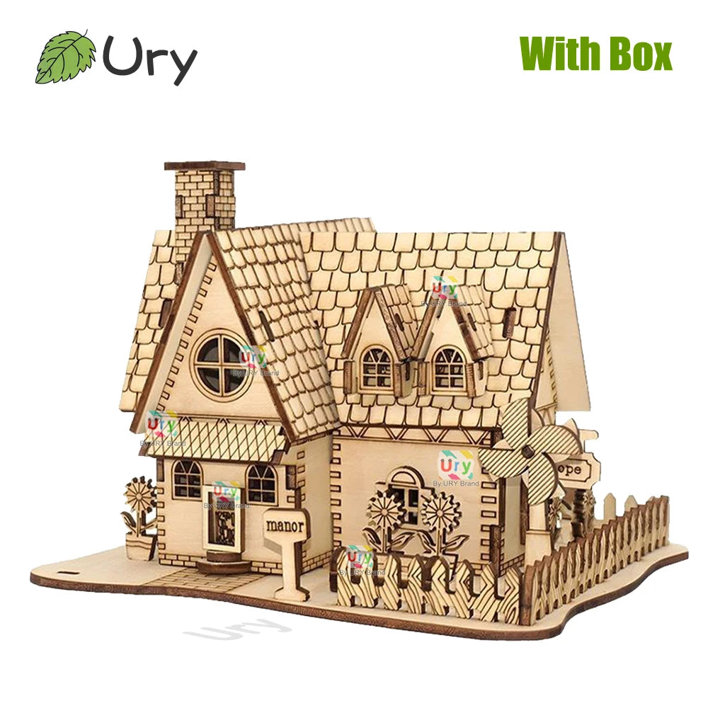 Ury 3D Wooden Puzzle Rural Cabin City Two-story Villa Handmade Assembly House Model DIY Toy Decoration Christmas Gift