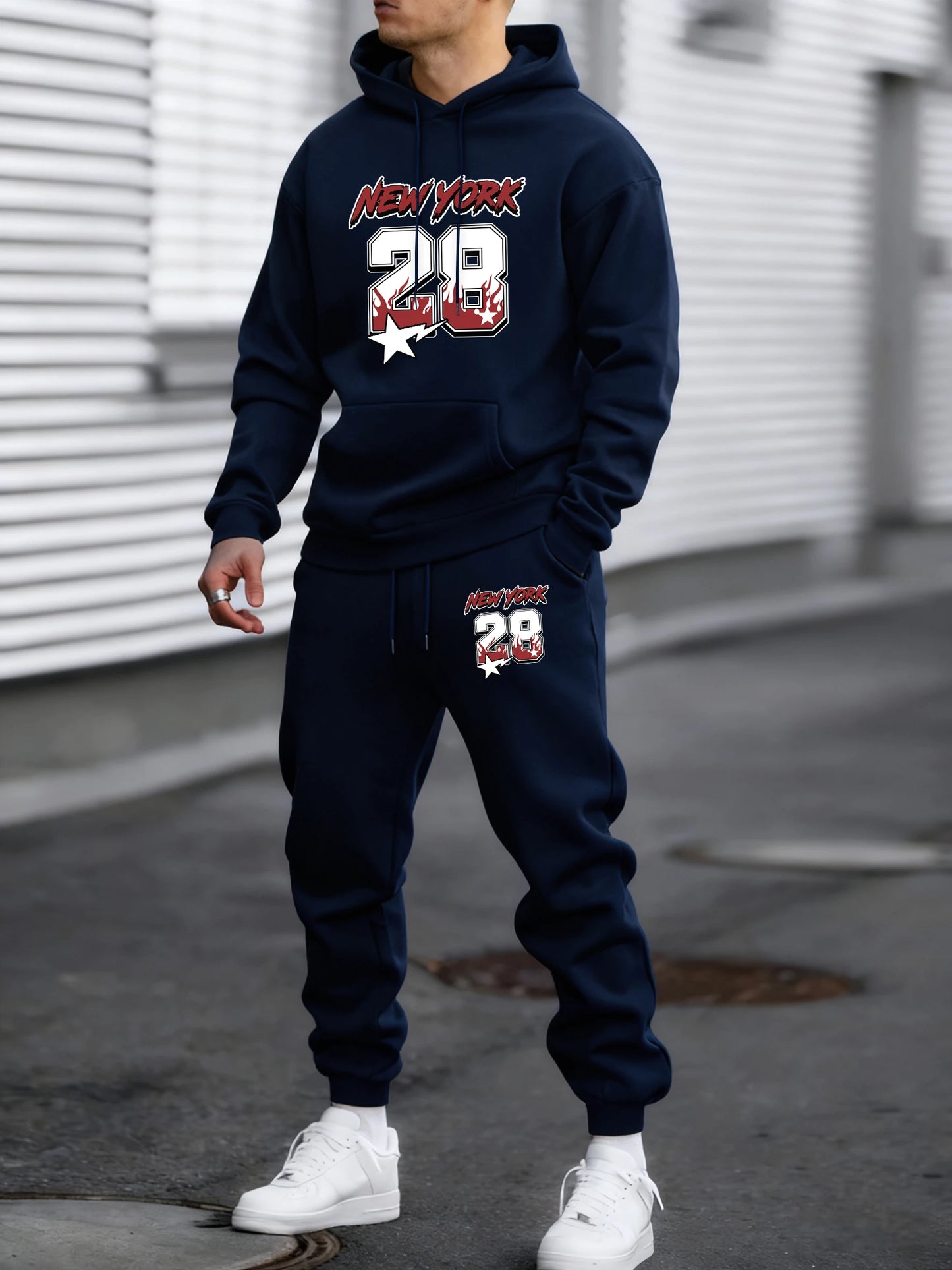 New York 28 Printed Winter Fleece Commute Men Hoodies Pants 2 Piece Set Loose Jogging Sweatpant Basic All-Match Sportswears