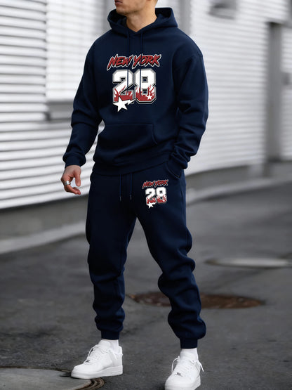 New York 28 Printed Winter Fleece Commute Men Hoodies Pants 2 Piece Set Loose Jogging Sweatpant Basic All-Match Sportswears