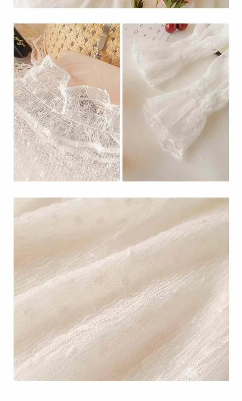 Women's Lace Base Shirt Long Sleeve High Collar Mesh Top 2023 Autumn Fashion Transparent Thin Film Inner Wear Versatile Slim Fit