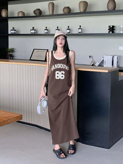 plus Size Casual Korean Style Letter Print Sleeveless Dress Women's Summer Loose Meat Concealing Long Dress Straight Cut High...