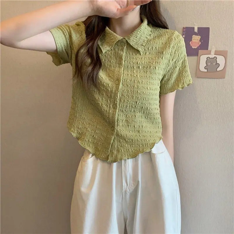 2026 New Korean Preppy Style Women's Polo Collar Short Sleeve Shirt Top Sweet Slimming Versatile Younger Looking