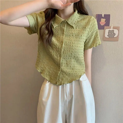 2026 New Korean Preppy Style Women's Polo Collar Short Sleeve Shirt Top Sweet Slimming Versatile Younger Looking